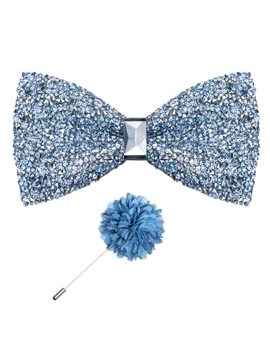 DiBanGu Mens Rhinestone Bow Tie with Ring and Lapel Pin Set | Adjustable Strap,Pre-tied Style,3PCS,Sequin Diamond Bowties，Solid/Mix Color,Shiny Accessory,for Party Prom Banquet Wedding - color: Dusty Blue