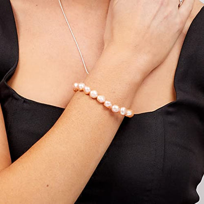 Handmade Women's Pearl Bracelet | Stretchy Beaded 8-9mm Baroque Pearl Bracelet for Ladies and Girls - Pink, Black, White, Grey, Multicolor - color: Pink