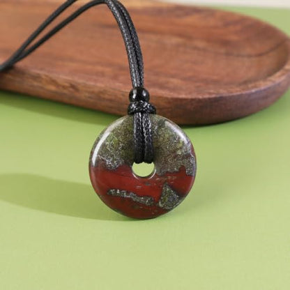Anjiucc Natural Gemstone Pendant Necklce Lucky Coin Crystal Necklace Donut Pendnat with Adjustable Rope Healing Crystal for Men - color: Dragon Blood Stone