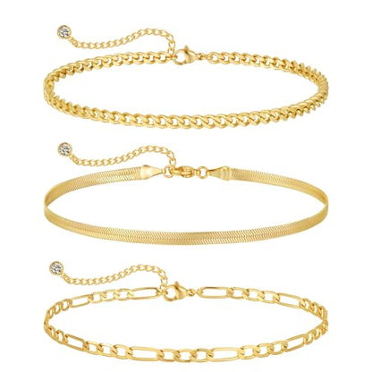 MFRYK Gold Ankle Bracelets for women,14k Gold/Silver Plated Waterproof Layered lightweight Cuban Link Figaro Chain Heart anklet butterfly anklet Pearl Ankle Bracelets Set Gold Anklets for women Trendy Jewelry Gift for Women - style: 3 anklets figaro cuban