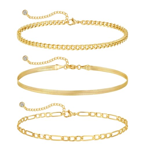 MFRYK Gold Ankle Bracelets for women,14k Gold/Silver Plated Waterproof Layered lightweight Cuban Link Figaro Chain Heart anklet butterfly anklet Pearl Ankle Bracelets Set Gold Anklets for women Trendy Jewelry Gift for Women - style: 3 anklets figaro cuban