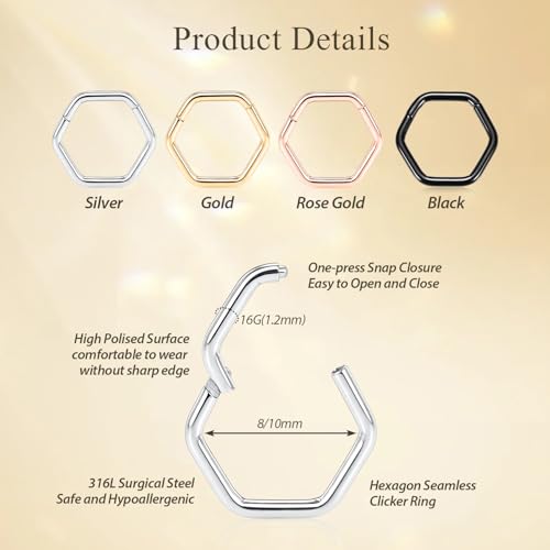 FUNLMO Septum Ring Nose Ring Daith Piercing Jewelry 316L Surgical Steel Hexagon Septum Jewelry Tragus Helix Rook Cartilage Conch Piercing Jewelry - color: Gold
