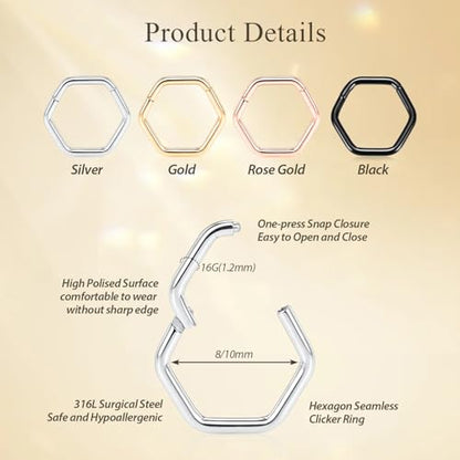 FUNLMO Septum Ring Nose Ring Daith Piercing Jewelry 316L Surgical Steel Hexagon Septum Jewelry Tragus Helix Rook Cartilage Conch Piercing Jewelry - color: Black