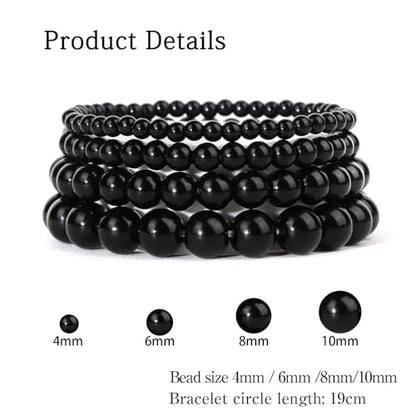 Vinswet 4pcs Beaded Bracelets for Women,Natural Healing Crystal Gemstones Bracelet,Anxiety Stress Relief Bracelet Handmade purple Jewelry Gifts for Women - color: Black Obsidia
