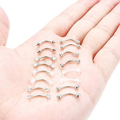 Eyebrow Ring Bar 16G Stainless Steel Curved Barbell Clear Diamond CZ Piercing Body Jewelry Retainer for Women Men 12-16 Pieces - color: 16Pcs-16G-Silvertone