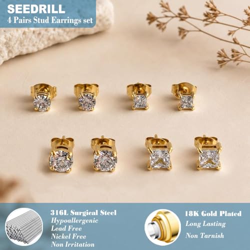 SEEDRILL Stud Earrings for Women Men Square & Round AAAAA+ Cubic Zirconia Earrings 18K Gold Plated Hypoallergenic 316L Surgical Stainless Steel CZ Earrings 3-6mm 4 Pairs - color: Gold