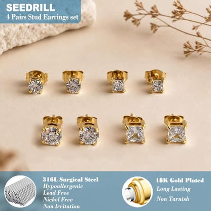 SEEDRILL Stud Earrings for Women Men Square & Round AAAAA+ Cubic Zirconia Earrings 18K Gold Plated Hypoallergenic 316L Surgical Stainless Steel CZ Earrings 3-6mm 4 Pairs - color: Gold