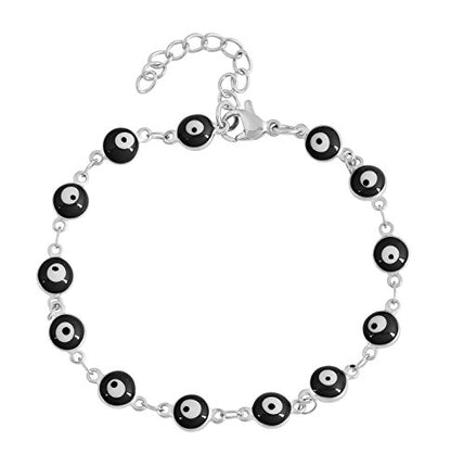 Women's Charm Enamel Evil Eye Protection Link Chain Bracelet - color: Silver,Black