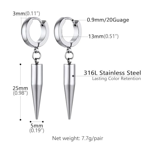 PROSTEEL Stainless Steel Huggie Hoop Earrings for Mens Gold/Black/Silver | Skull/Infinity Pattern, Spike/Cuban Links 4 Design Options Hypoallergenic Lightweight Earring Hip Hop Punk Gothic Jewelry - style: 09-Spike Dangle-SIlver
