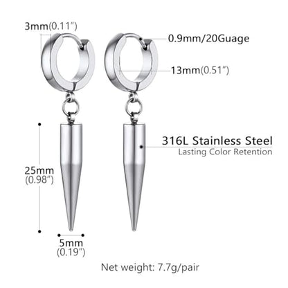 PROSTEEL Stainless Steel Huggie Hoop Earrings for Mens Gold/Black/Silver | Skull/Infinity Pattern, Spike/Cuban Links 4 Design Options Hypoallergenic Lightweight Earring Hip Hop Punk Gothic Jewelry - style: 09-Spike Dangle-SIlver