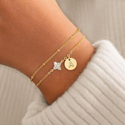 M MOOHAM Initial Bracelets for Women Girls Gifts, Birthday Gifts Jewelry | Dainty Four Leaf Clover Bracelet, Bracelets for Women Trendy, Initial Bracelet for Teen Girls, Personalized Birthday Gifts - color: G