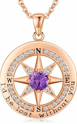 Compass Necklace for Women Wife Girlfriend Mom Daughter Gifts | S925 Silver Jewelry For Anniversary 18K Rose Gold Gifts For Birthday Christmas Mothers Valentines Day 12 Birthstones - style: 02-February-Rose Gold