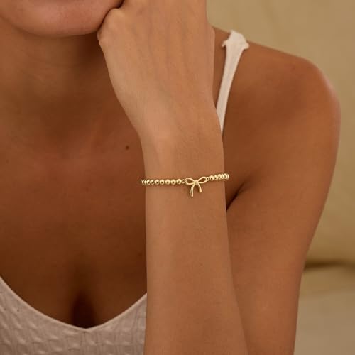 Beaded Bracelets for Women 14K Silver Gold Plated Stretch Handmade Ball Bracelets Cute Charm Bracelet Dainty Stackable Cross Heart Bow Wave CZ Circle Trendy Jewelry Easter Gifts - color: bow