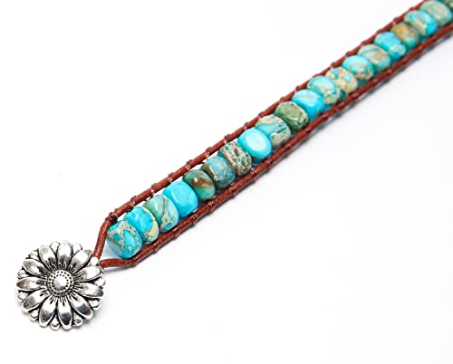 7 Chakra Bracelet Bohemian Handmade Leather Wrap Healing Protection Natural Stone Yoga Beaded Bracelets Boho Friendship Jewelry - color: Lake Blue Turquoise