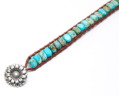 7 Chakra Bracelet Bohemian Handmade Leather Wrap Healing Protection Natural Stone Yoga Beaded Bracelets Boho Friendship Jewelry - color: Lake Blue Turquoise