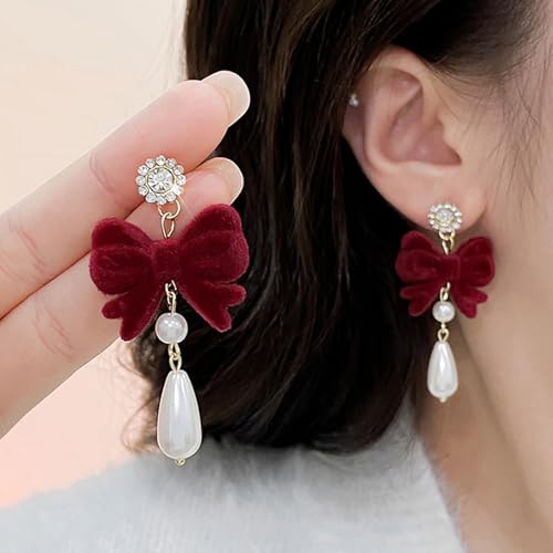 Pearl Bow Earrings for Women Coquette Aesthetic Jewelry Rhinestone Bow Earrings for Bridesmaids Wedding Party Accessories Bridal Costume Accents Bowknot Themed Gifts - color: H1: Red Bow Pearl Earrings