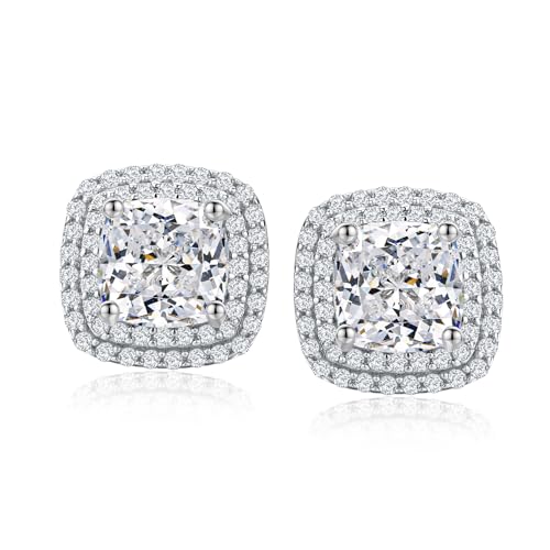 Dainty Birthstone Earrings for Women Sterling Silver Small Stud Earrings with Halo Cushion/Round Created Gemstone Earrings Birthstone Jewelry - style: A 04. Apr./cubic zirconia-cushion cut