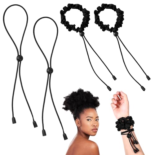 Adjustable Hair Ties 4 Pcs Black Large Satin Hair Ties for Afro Puff Thick Hairs Band Adjustable Loc Accessories for Black Women Soft Ponytail Holders for Medium Thick Thin Curly Hairs - color: 4PCS