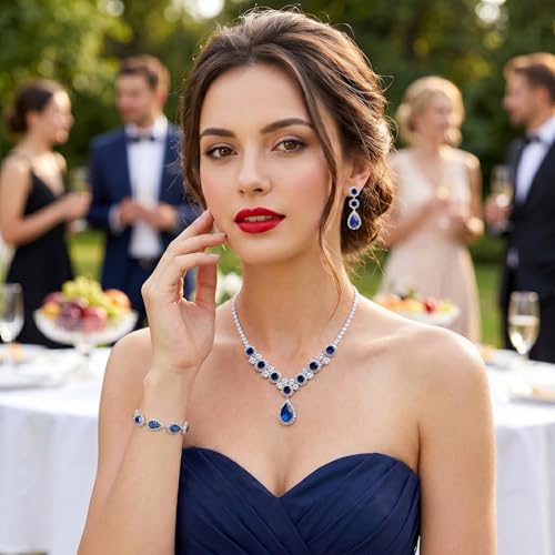 Paxuan Silver/Gold Rhinestone Crystal Wedding Bridal Bridesmaids Earrings Bracelet Set for Women Brides Bridesmaids Crystal Rhinestone Bracelet Earrings Set for Wedding Bridal Prom Pageant - color: Sapphire Blue
