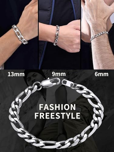 ChainsHouse Figaro Link Chain Bracelet for Men Stainless Steel Jewelry | Black/ Gold Bracelets Men, 6/9/13mm Figaro Cuabn Bracelets 7.5"/8.3", Chunky Hip Hop Wrist Hand Chain Bracelet for Gift - color: e: 9mm-stainless