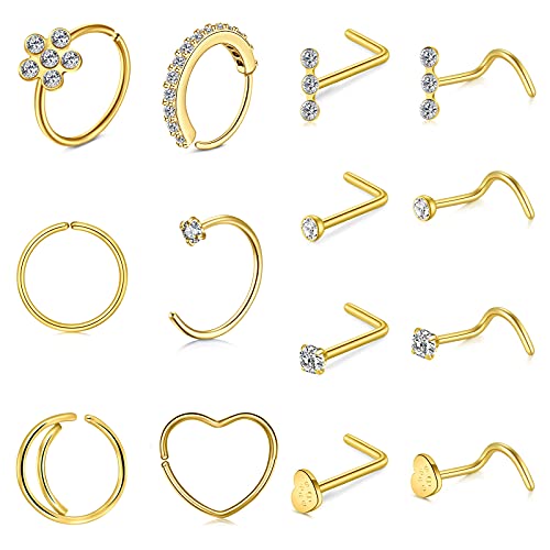 MODRSA 20g Nose Rings Hoops Nose Studs for Women Surgical Steel Hypoallergenic 20 Gauge Nostril Piercing Jewelry L Shape Crokscrew Silver Rose Gold Black Hoop Nostril Rings for Men - color: C2 - Nostril Studs 20g - Gold