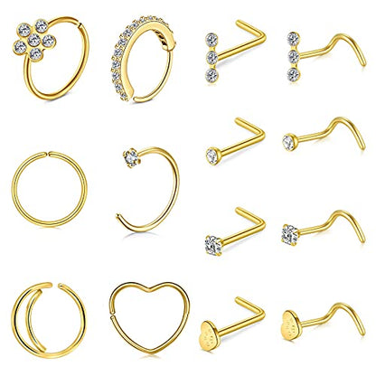 MODRSA 20g Nose Rings Hoops Nose Studs for Women Surgical Steel Hypoallergenic 20 Gauge Nostril Piercing Jewelry L Shape Crokscrew Silver Rose Gold Black Hoop Nostril Rings for Men - color: C2 - Nostril Studs 20g - Gold