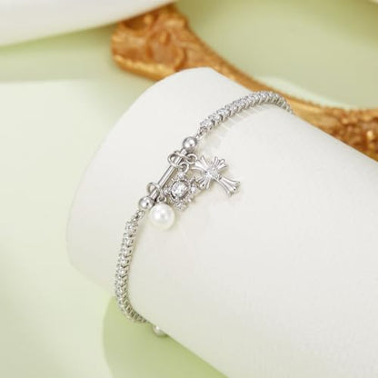 FANZE Gold Plated Cubic Zirconia Tennis Bracelets for Women Dainty Trendy Adjustable Bracelet Jewelry Gift for Ladies Wedding Mother Birthday Anniversary - style: Silver Charm