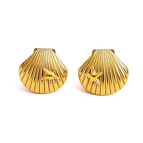 Gold Statement Earrings For Women, 14K Gold Plated Textured Geometric Drop Earrings - Hypoallergenic Stainless Steel Statement Earrings for Women, Waterproof Fan-Shaped Dangle Earrings for Beach & Daily Wear - color: Starfish seashell DKE252019GL