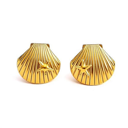 Gold Statement Earrings For Women, 14K Gold Plated Textured Geometric Drop Earrings - Hypoallergenic Stainless Steel Statement Earrings for Women, Waterproof Fan-Shaped Dangle Earrings for Beach & Daily Wear - color: Starfish seashell DKE252019GL