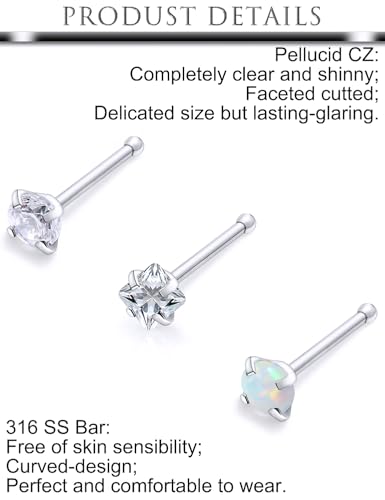 Hoeudjo Opal Nose Studs Surgical Steel Nose Rings Studs Cubic Zirconia L Shaped Nose Piercing Jewelry for Women 20G 18G - color: straight nose studs,18g