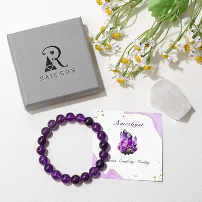 Raicegs 4 6 8MM Beaded Bracelets Healing Crystal Bracelet for Women Men Natural Stone Handmade Stretch Bracelet Reiki Spiritual Jewelry - color: Amethyst, size: 10mm
