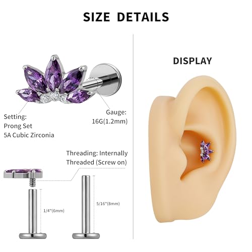 FINE4U 1PC ASTM F136 Titanium 16G Flatback Stud for Tragus, Helix, Conch 6mm 8mm - Screw on Cartilage Earring Piercing Jewelry - color: Flower CZ - Amethyst - Tit