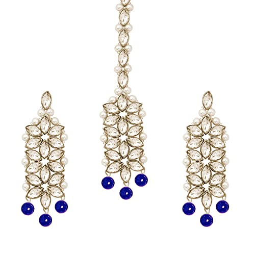 Aheli Wedding Party Wear Bridal Jewellery Choker Long Pearl Necklace Earrings Maang Tikka Indian Traditional Set Gift for Women - color: Blue