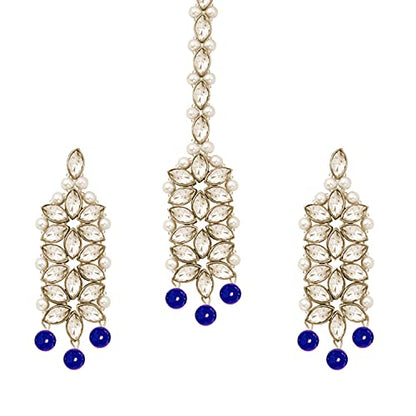 Aheli Wedding Party Wear Bridal Jewellery Choker Long Pearl Necklace Earrings Maang Tikka Indian Traditional Set Gift for Women - color: Blue