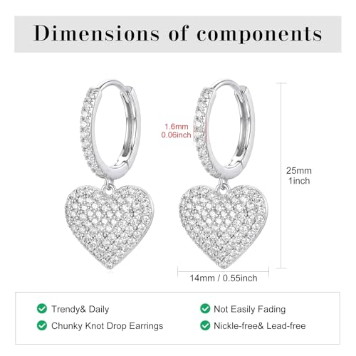 SAVORI 14K Gold Plated Sterling Silver Pave CZ Heart Huggie Hoop Earrings, Hypoallergenic Romantic Dangle Jewelry Gifts for Women - color: Silver