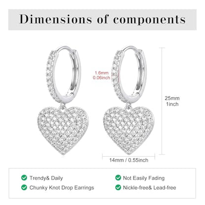 SAVORI 14K Gold Plated Sterling Silver Pave CZ Heart Huggie Hoop Earrings, Hypoallergenic Romantic Dangle Jewelry Gifts for Women - color: Silver