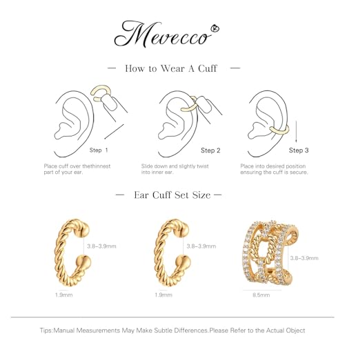 MEVECCO Ear Cuffs Non Piercing 18K Gold Plated Ear Cuff Earring Sets Clip on Cartilage Cubic Zirconia Pearl Minimalist Hypoallergenic Fake Hoop Earrings Stack Women Gifts - style: 3pcs-Twist