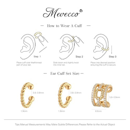 MEVECCO Ear Cuffs Non Piercing 18K Gold Plated Ear Cuff Earring Sets Clip on Cartilage Cubic Zirconia Pearl Minimalist Hypoallergenic Fake Hoop Earrings Stack Women Gifts - style: 3pcs-Twist