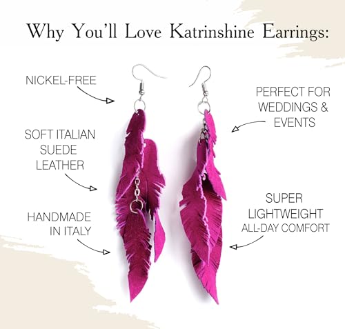 Leather Feather Earrings, Suede layered earrings, boho wedding jewelry, summer earrings, gift for her, dangle earrings - color: Bright pink
