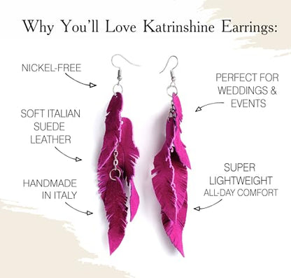 Leather Feather Earrings, Suede layered earrings, boho wedding jewelry, summer earrings, gift for her, dangle earrings - color: Bright pink