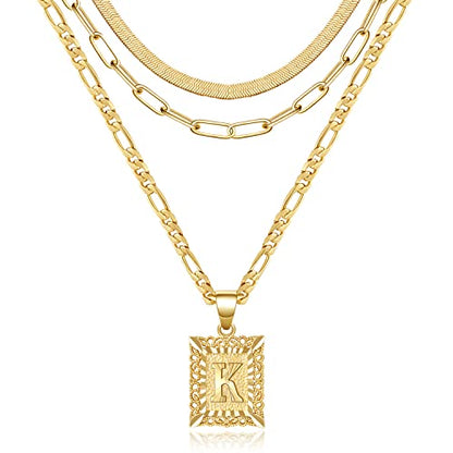 KissYan Gold Layered Initial Necklace Set for Women | 14K Gold/White Gold Plated Letter Pendant with Paperclip Snake Figaro Choker Chain, Alphabets from A-Z Jewelry Gifts - color: 3PCS, style: K