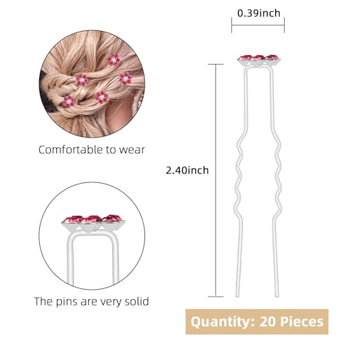 QIUTIMIY 20 Pack (Pink) Crystal Flower Hair Pins Rhinestone Hair Clips for Bridal Wedding Women Hair Jewelry Accessories, with Clear Container - color: Crystal Flower-Pink
