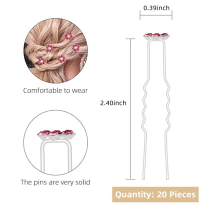 QIUTIMIY 20 Pack (Pink) Crystal Flower Hair Pins Rhinestone Hair Clips for Bridal Wedding Women Hair Jewelry Accessories, with Clear Container - color: Crystal Flower-Pink