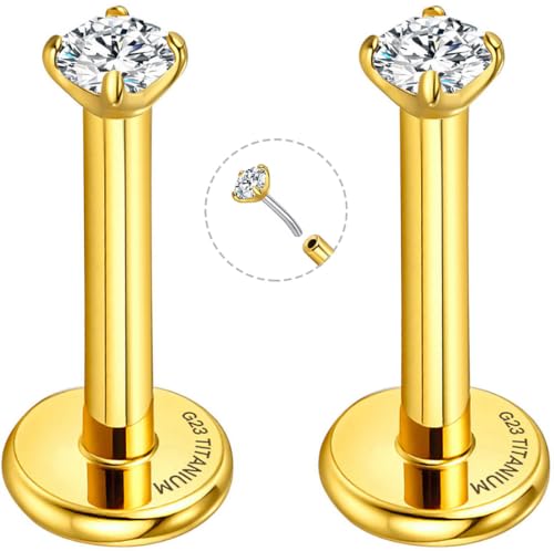 Threadless Flat Back Earrings for Tragus, Helix, Conch, Daith, Cartilage Piercings - G23 Titanium Flatback Stud Earrings with Grade AAAAA Cubic Zirconia - Threadless Flat Back Nose Stud Push Pin Ring Earring Studs (18g, 16g, 20g - 6mm, 8mm) - color: Gold,