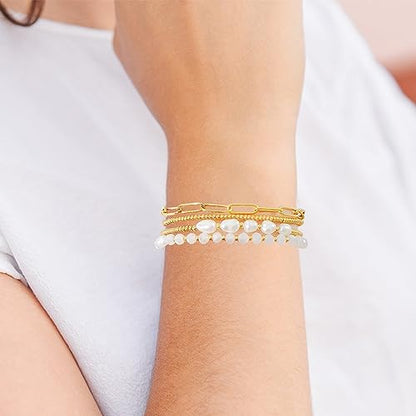 Dainty Gold Plated Pearl Crystal Beaded Bracelets Set for Women 14K Gold Plated Bead Pearl Beads Bracelet Stackable Paperclip Link Chain Bracelets Gold Plated Bracelets for Women Trendy Jewelry - color: Style2-crystal(18k gold plated)