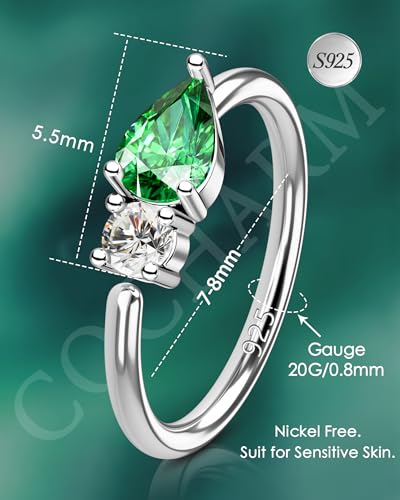 20G 925 Sterling Silver Small Thin Nose Ring Hoop for Women, Silver 7mm - 8mm Adjustable Half Hoop Nostril Piercing Jewelry - color: Emerald CZ