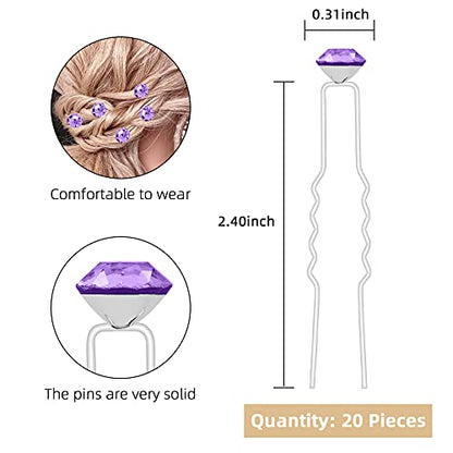 QIUTIMIY 20 Pack (Violet) Rhinestone Hair Pins Crystal Hair Clips for Bridal Wedding Women Hair Jewelry Accessories, with Clear Container - color: Rhinestone-Violet