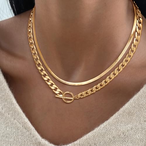 CHESKY 14K Gold Plated Chunky Necklace for Women, Trendy Toggle Clasp | Statement Pendant Necklace, Layered Paperclip Chain, Toggle Clasp Design, Thick Gold Chain, Non Tarnish Everyday Jewelry - color: gold, style: cuban+herringbone