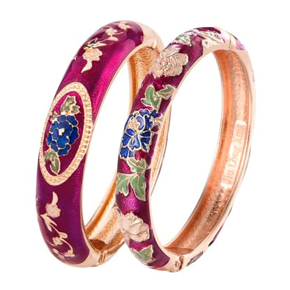 UJOY Cloisonne Bangle Colorful Enamel Filigree Rose Flower Hollowed Crystal Bracelet for Women Gifts 88A09 - color: 2 Pcs Set-C58-Purple