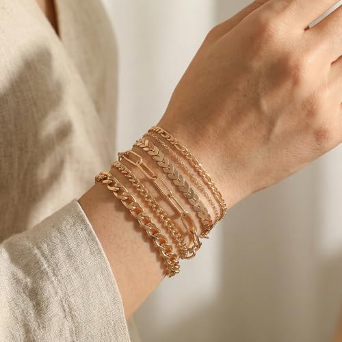 28 PCS Gold Bracelets for Women, 14K Gold Plated Bracelet Stack Bangle Cuff | Bracelet Set for Non Tarnish Bangle Cuff Cuban Link Paperclip Chain Bracelets Jewelry for Trendy Dainty Jewelry Pack for Gift